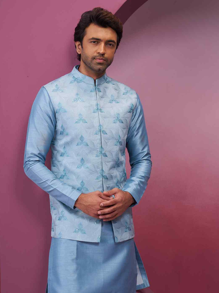 Sky Blue Silk Woven Groom Wedding Kurta