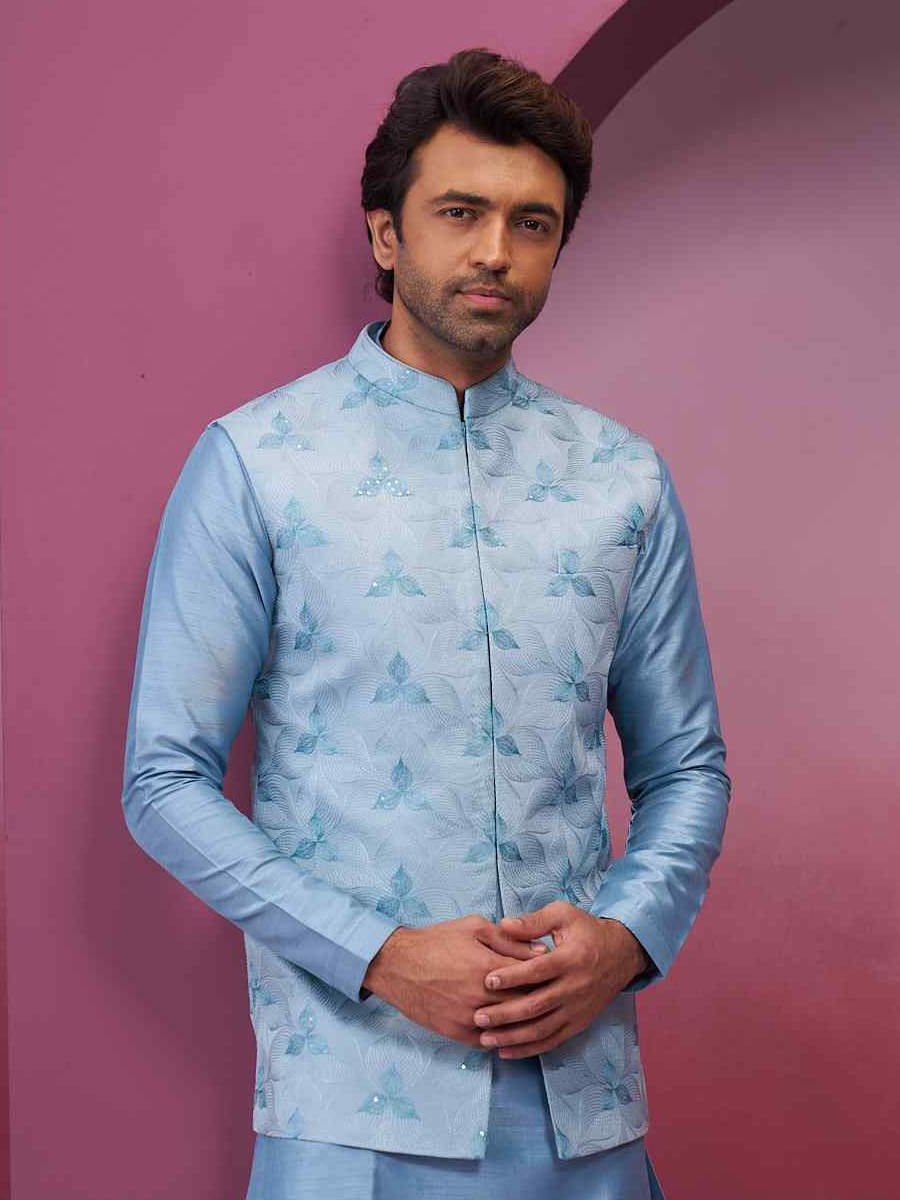 Sky Blue Silk Woven Groom Wedding Kurta