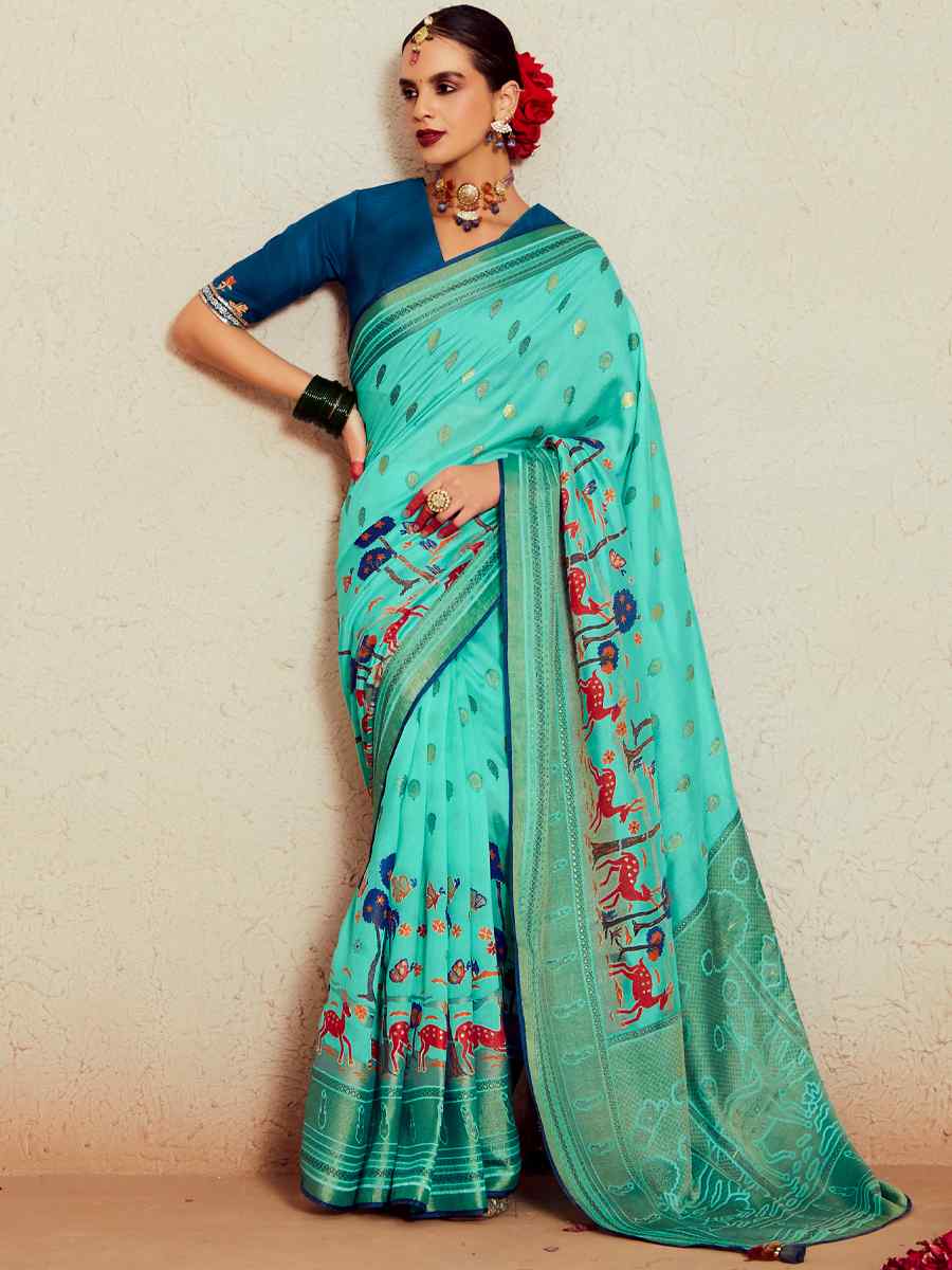 Sky Blue Soft Brasso Embroidered Festival Wedding Heavy Border Saree