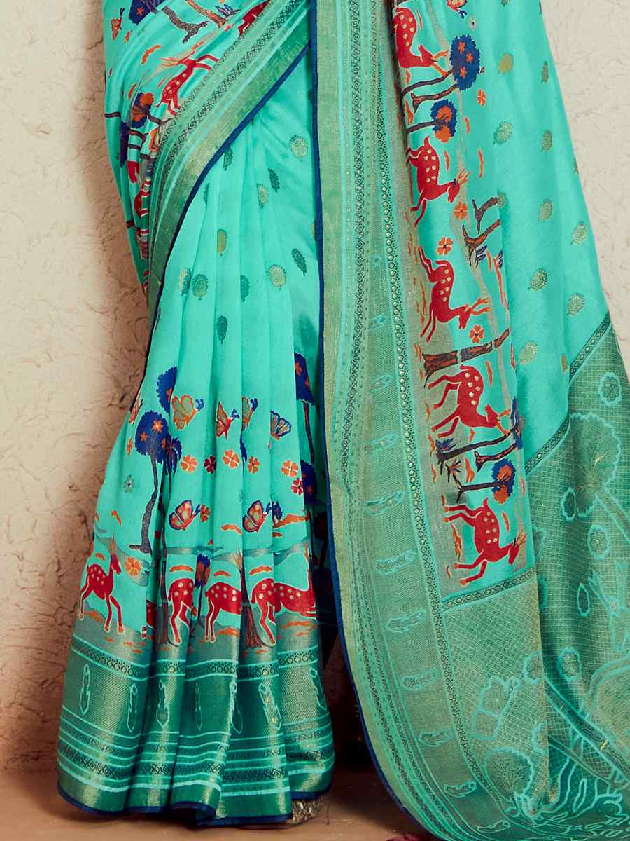 Sky Blue Soft Brasso Embroidered Festival Wedding Heavy Border Saree