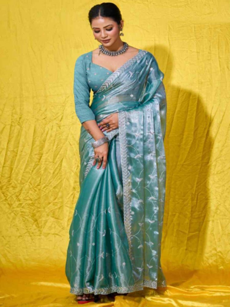 Sky Blue Soft Burberry Embroidered Party Reception Heavy Border Saree