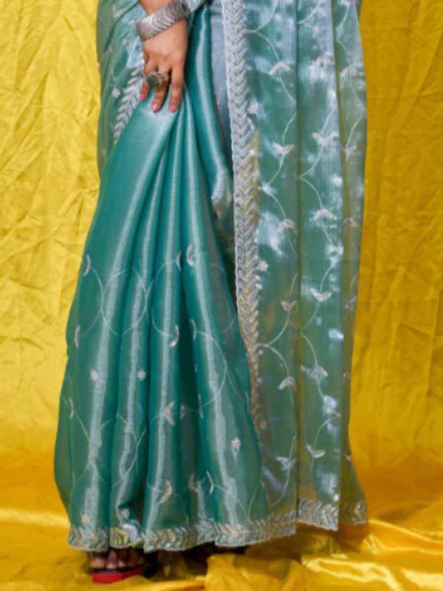 Sky Blue Soft Burberry Embroidered Party Reception Heavy Border Saree