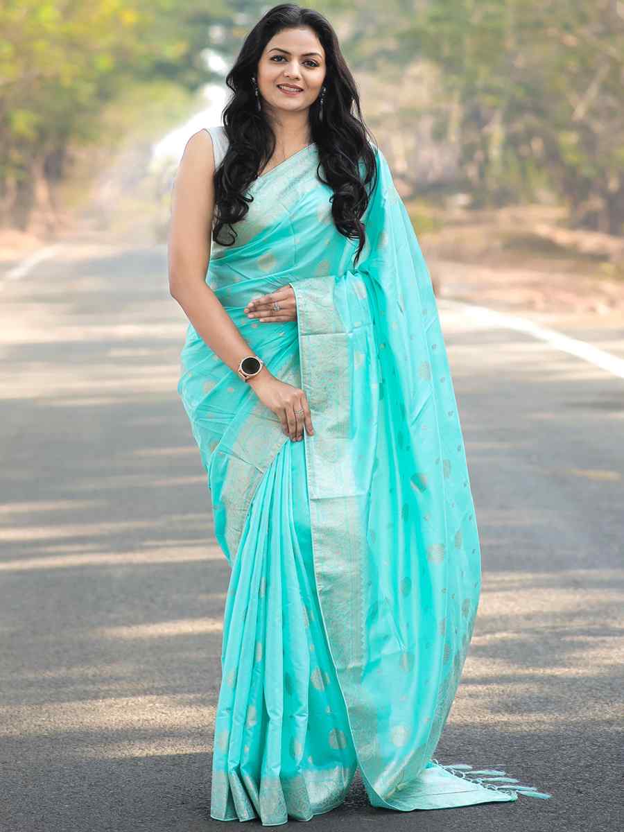 Sky Blue Soft Cotton Silk Handwoven Wedding Festival Heavy Border Saree