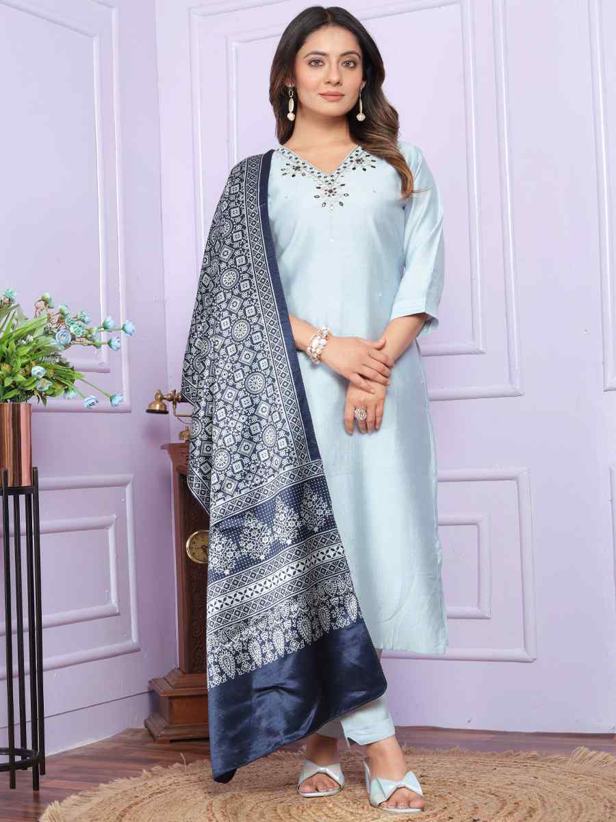 Sky Blue Soft Morni Silk Embroidered Festival Mehendi Ready Pant Salwar Kameez