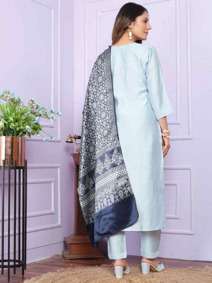 Sky Blue Soft Morni Silk Embroidered Festival Mehendi Ready Pant Salwar Kameez