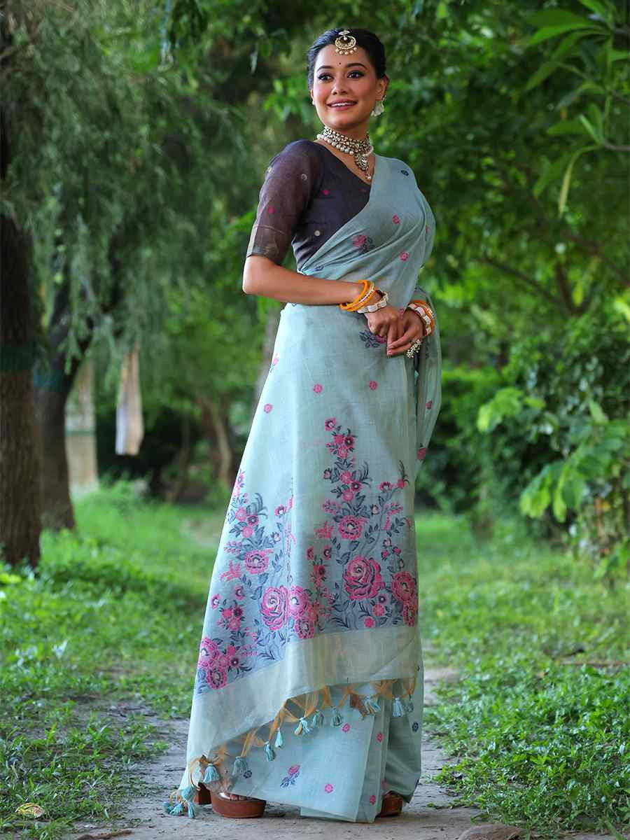 Sky Blue Soft muga Cotton Printed Festival Casual Contemporary Saree