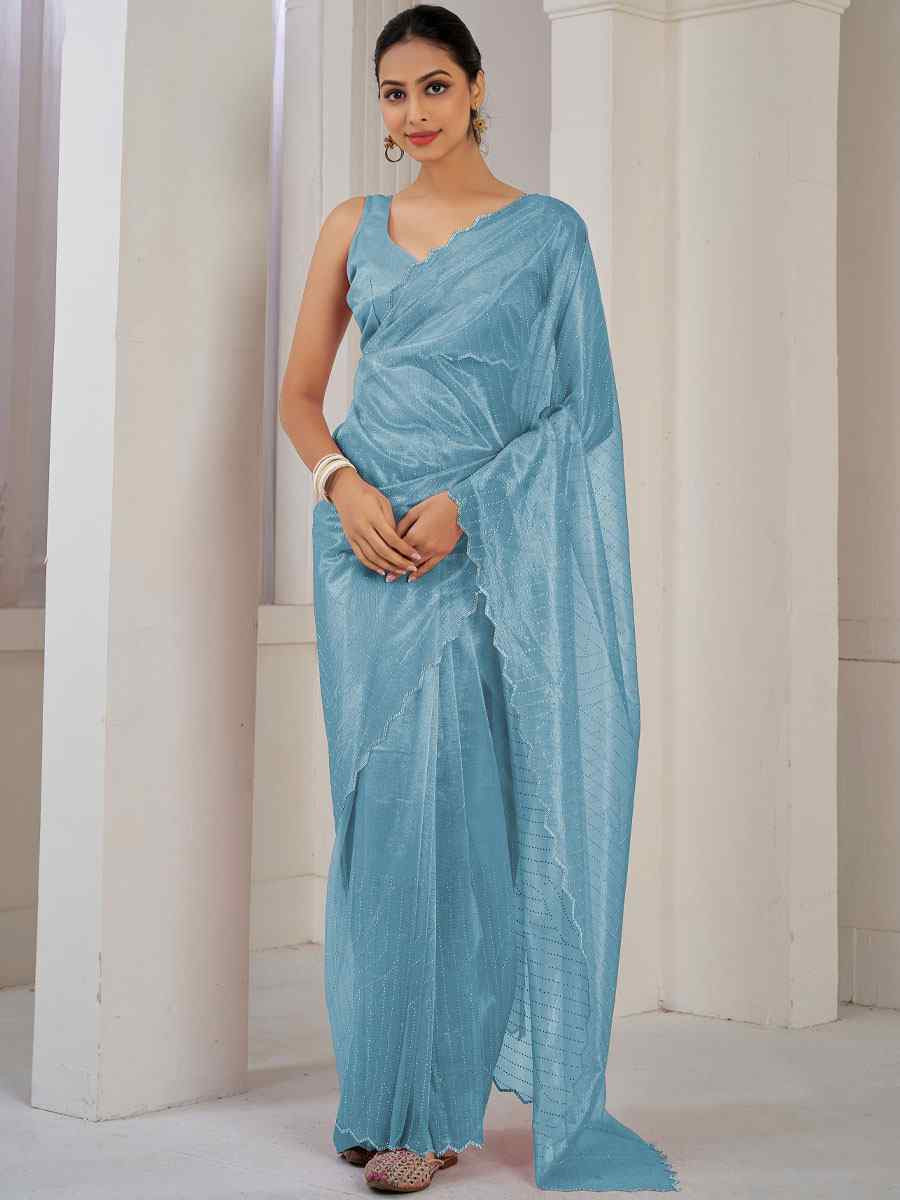 Sky Blue Soft Organza Net Handwoven Festival Party Classic Style Saree