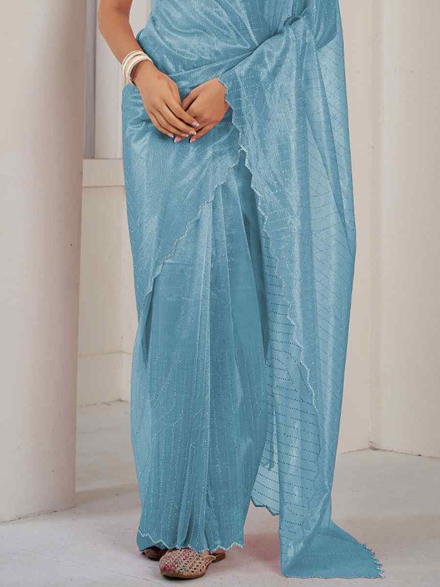 Sky Blue Soft Organza Net Handwoven Festival Party Classic Style Saree