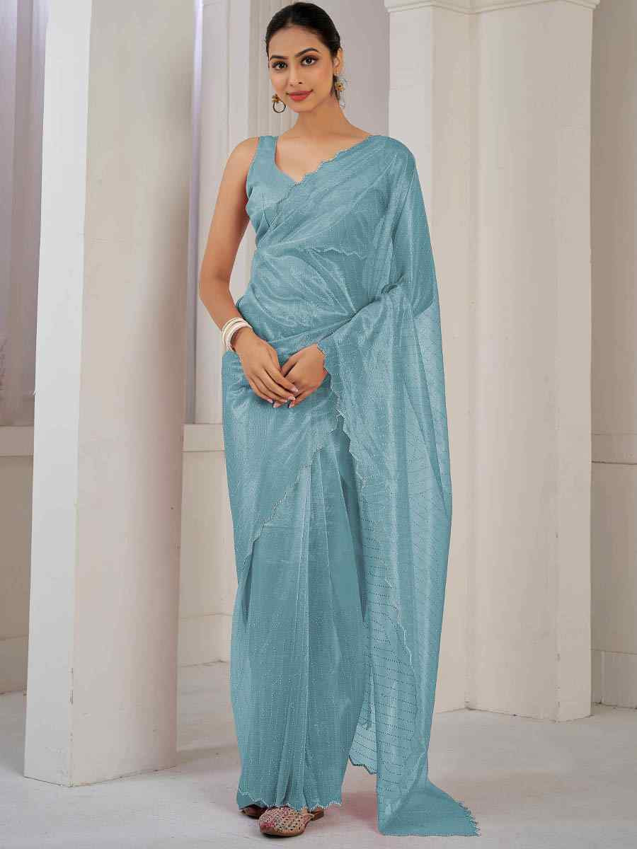 Sky Blue Soft Organza Net Handwoven Festival Party Classic Style Saree