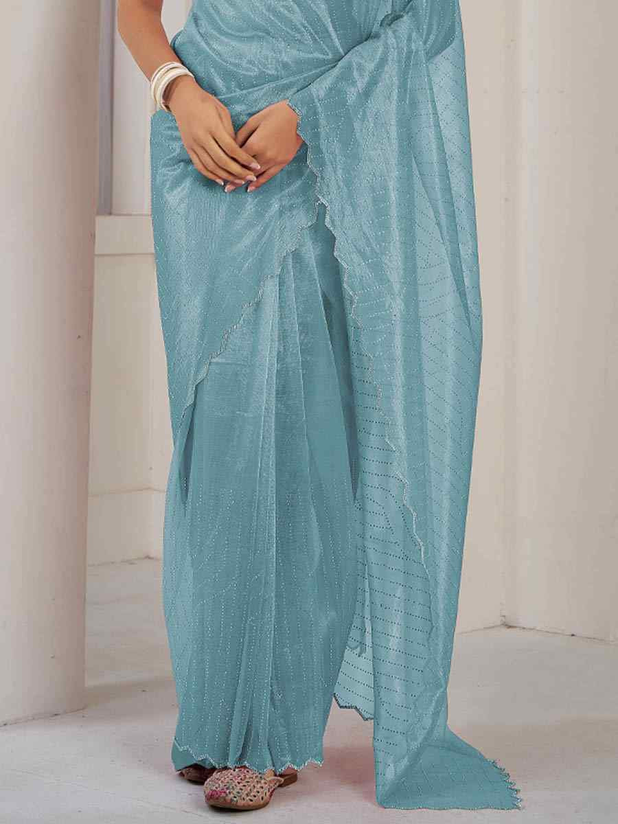 Sky Blue Soft Organza Net Handwoven Festival Party Classic Style Saree