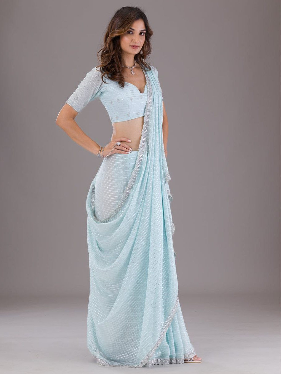 Sky Blue Soft Pure Rolex Embroidered Festival Party Classic Style Saree