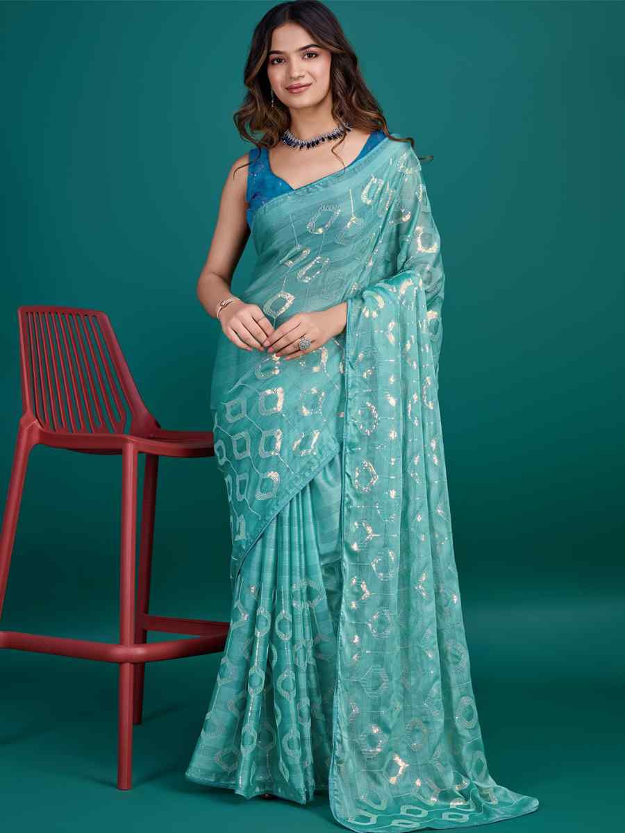 Sky Blue Soft Pure Rolex Embroidered Festival Party Classic Style Saree