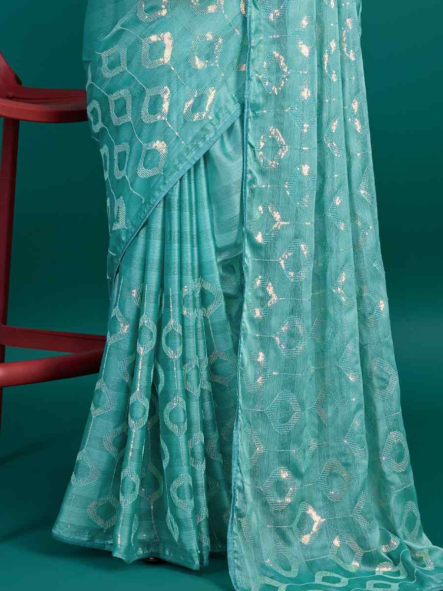 Sky Blue Soft Pure Rolex Embroidered Festival Party Classic Style Saree