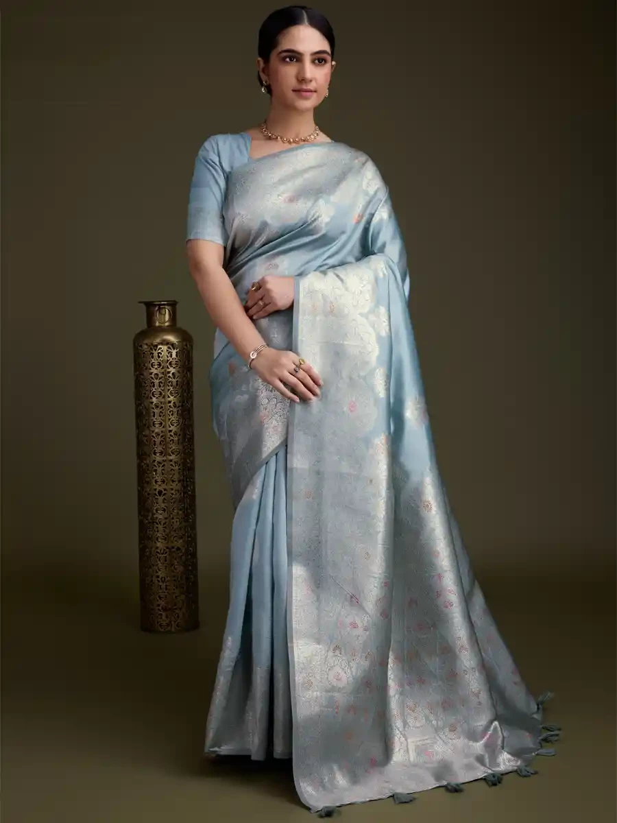 Sky Blue Soft Silk Handwoven Festival Wedding Heavy Border Saree