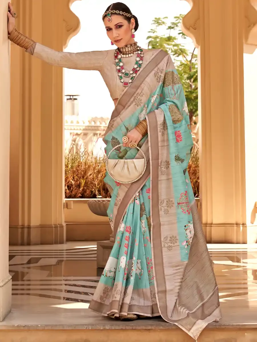 Sky Blue Super Raw Silk Handwoven Festival Wedding Heavy Border Saree