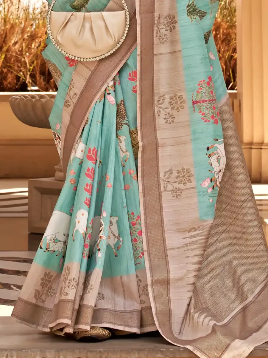 Sky Blue Super Raw Silk Handwoven Festival Wedding Heavy Border Saree