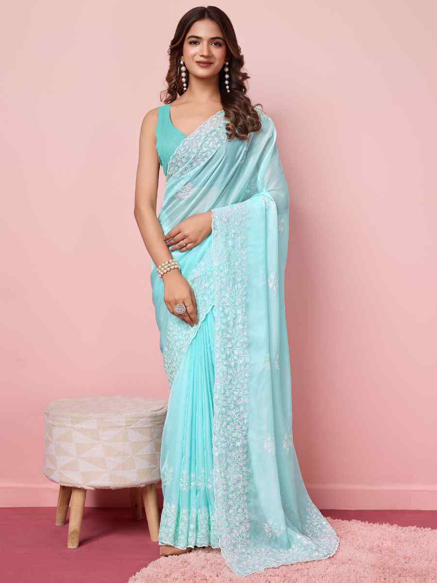 Sky Blue Taby Silk Handwoven Festival Wedding Heavy Border Saree