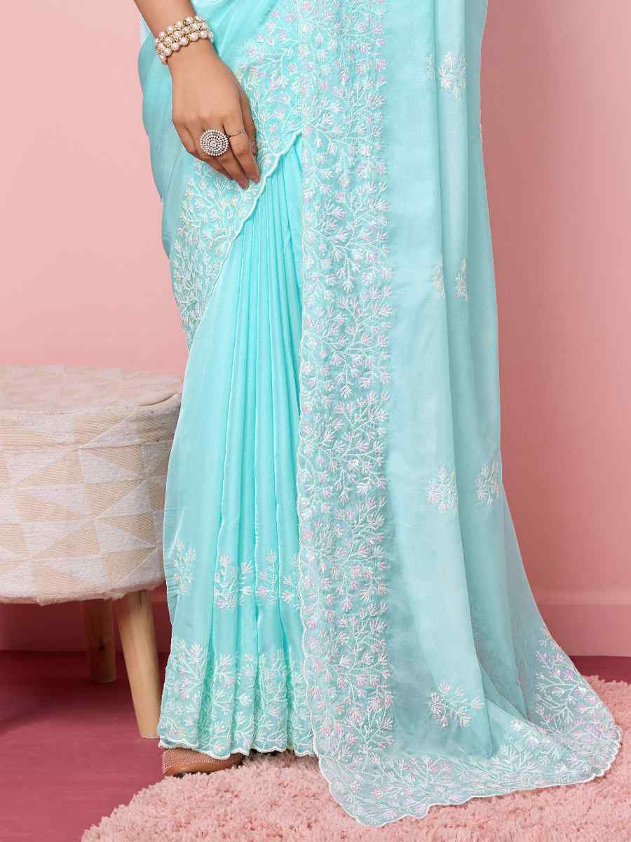 Sky Blue Taby Silk Handwoven Festival Wedding Heavy Border Saree