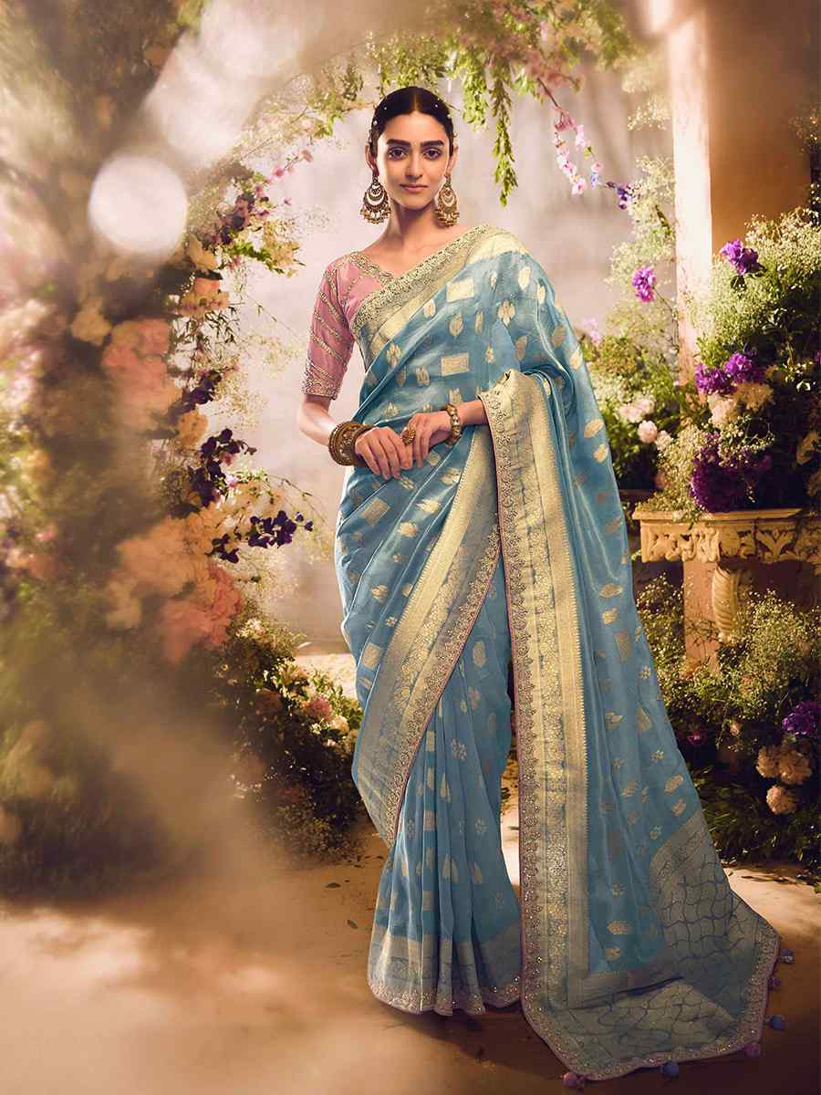 Sky Blue Tissue Silk Embroidered Festival Wedding Heavy Border Saree