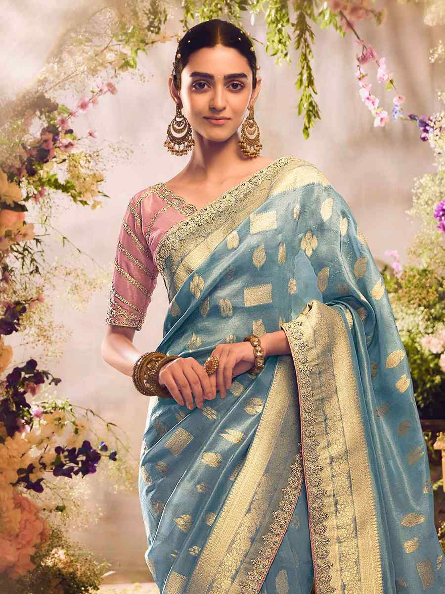 Sky Blue Tissue Silk Embroidered Festival Wedding Heavy Border Saree