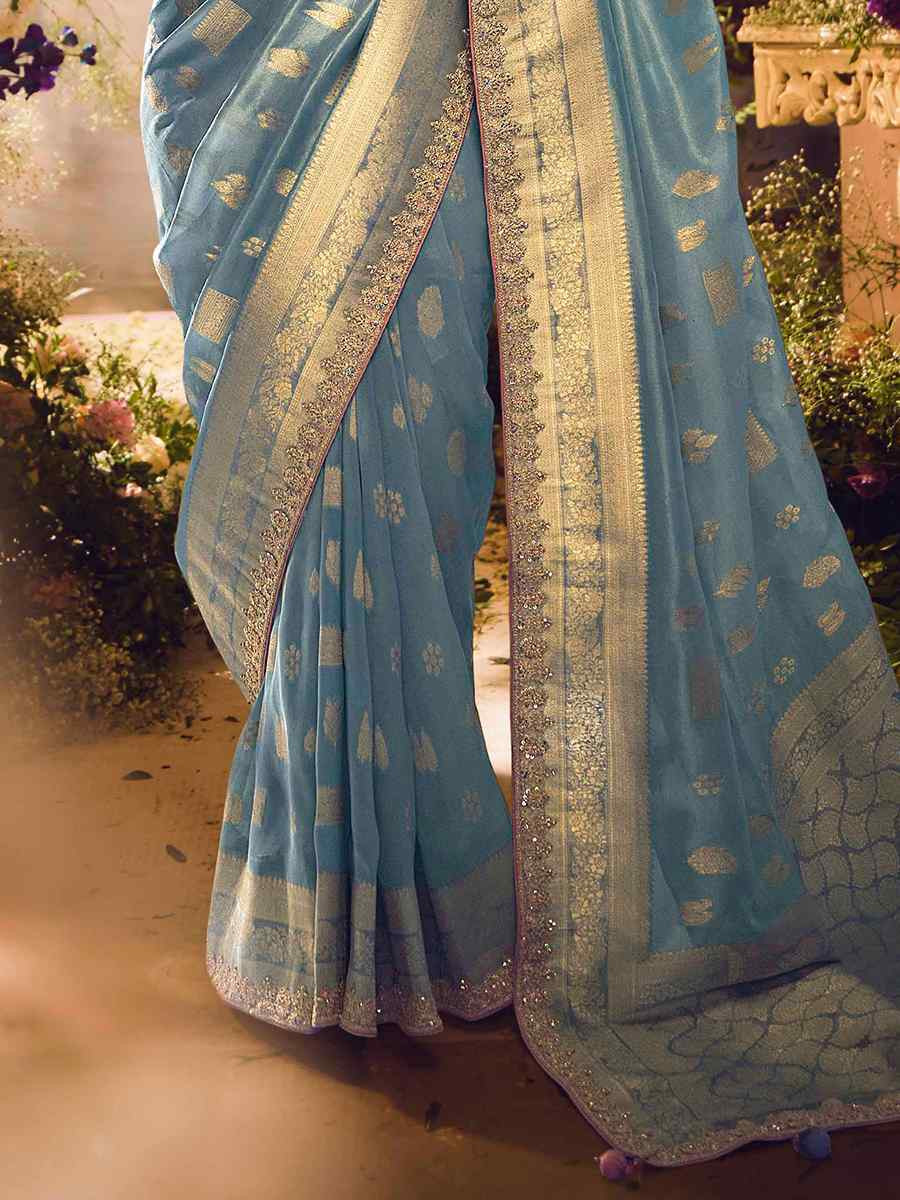 Sky Blue Tissue Silk Embroidered Festival Wedding Heavy Border Saree