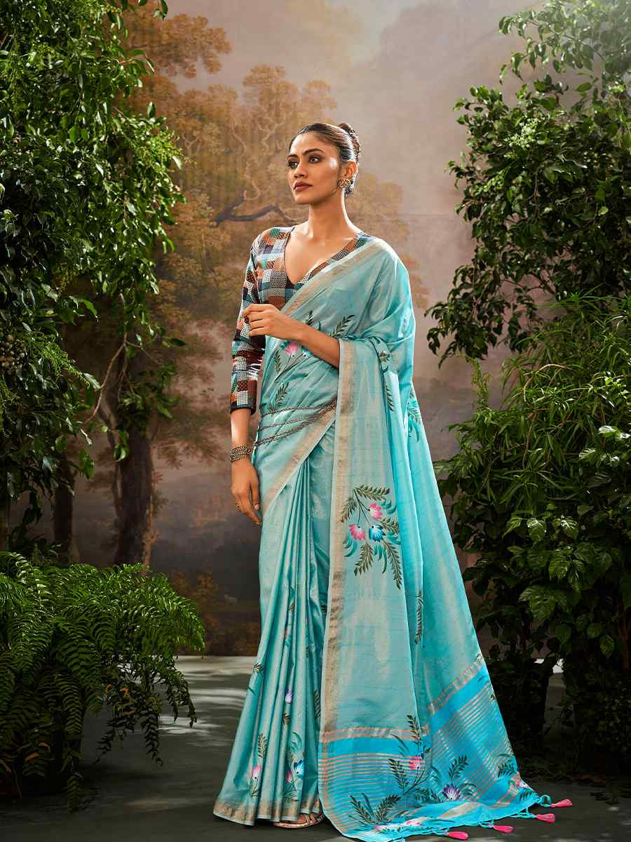 Sky Blue Tissue Silk Handwoven Festival Casual Classic Style Saree