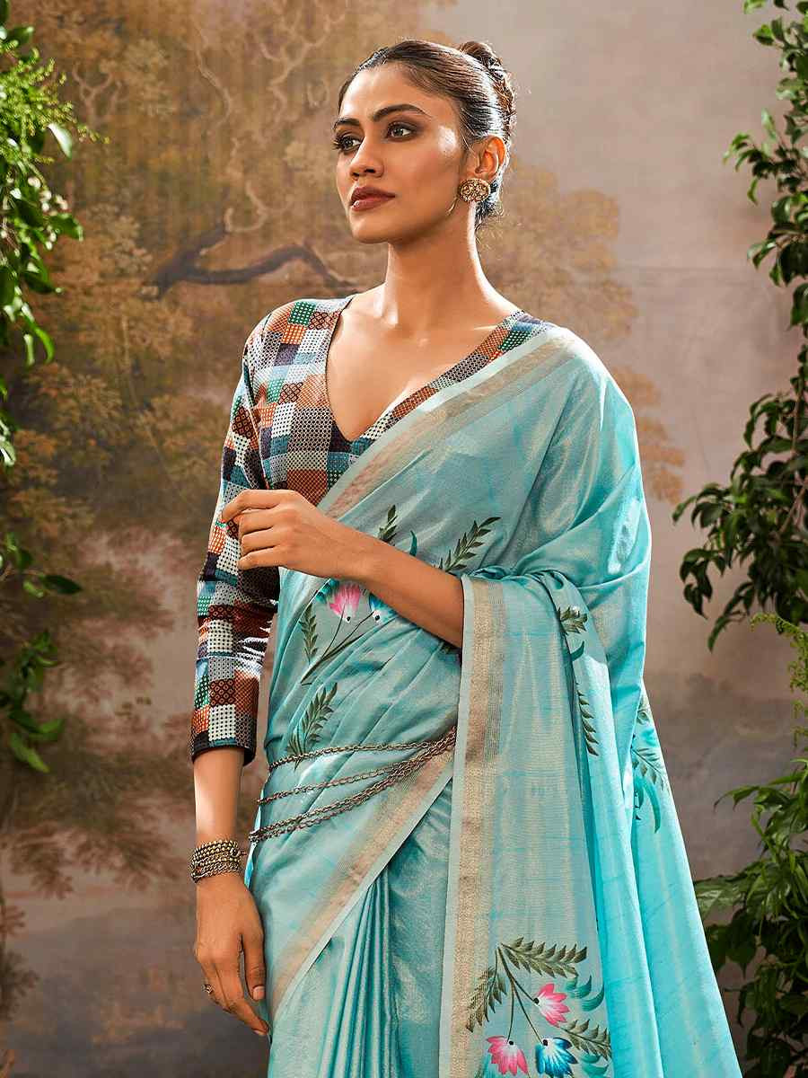 Sky Blue Tissue Silk Handwoven Festival Casual Classic Style Saree