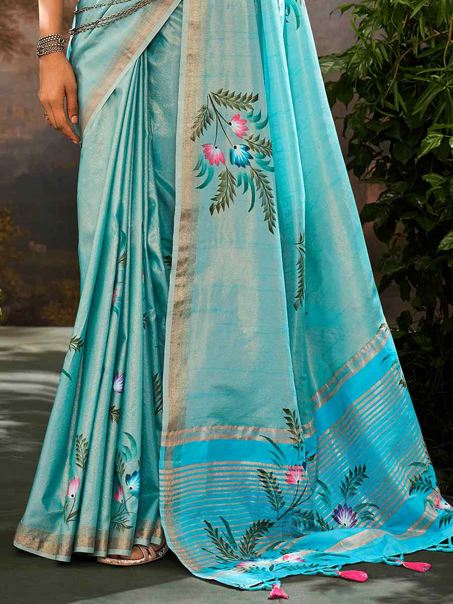 Sky Blue Tissue Silk Handwoven Festival Casual Classic Style Saree