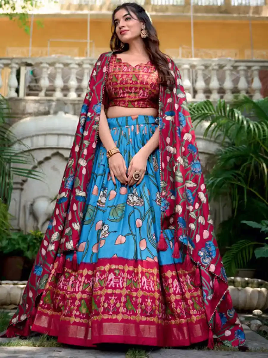 Sky Blue Tussar Silk Printed Festival Mehendi Traditional Lehenga Choli