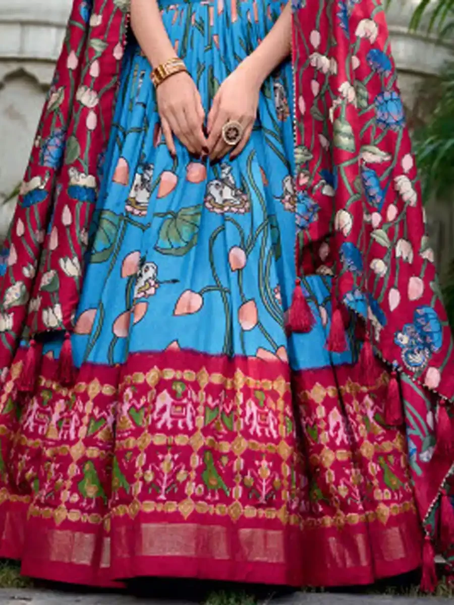 Sky Blue Tussar Silk Printed Festival Mehendi Traditional Lehenga Choli