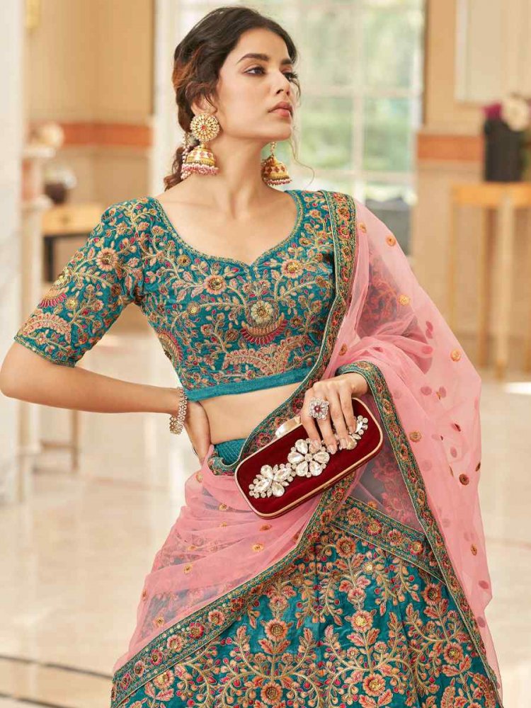 Engagement, Mehendi Sangeet, Reception Blue color Silk fabric Ready to Wear  Lehenga : 1879260