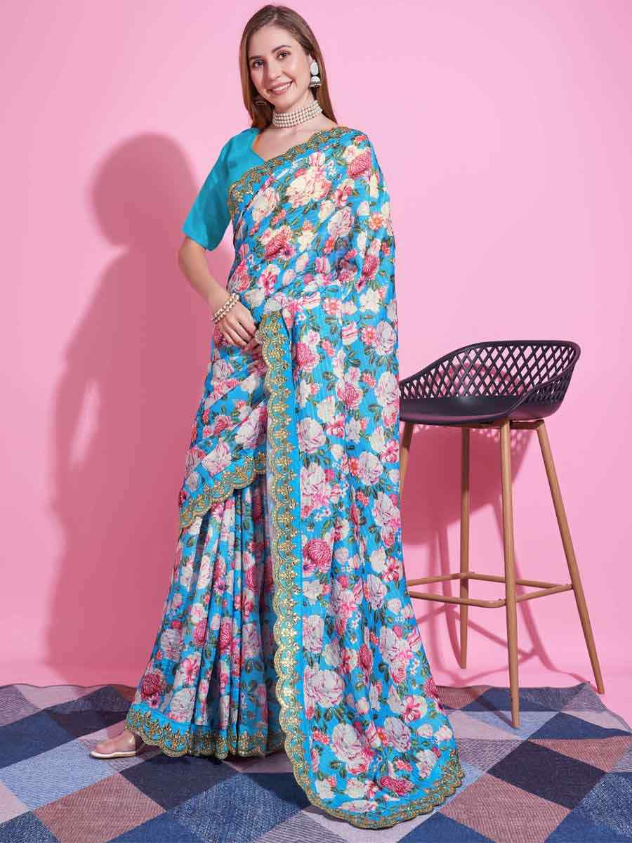 Sky Blue Vichitra Silk Printed Festival Casual Contemporary Saree