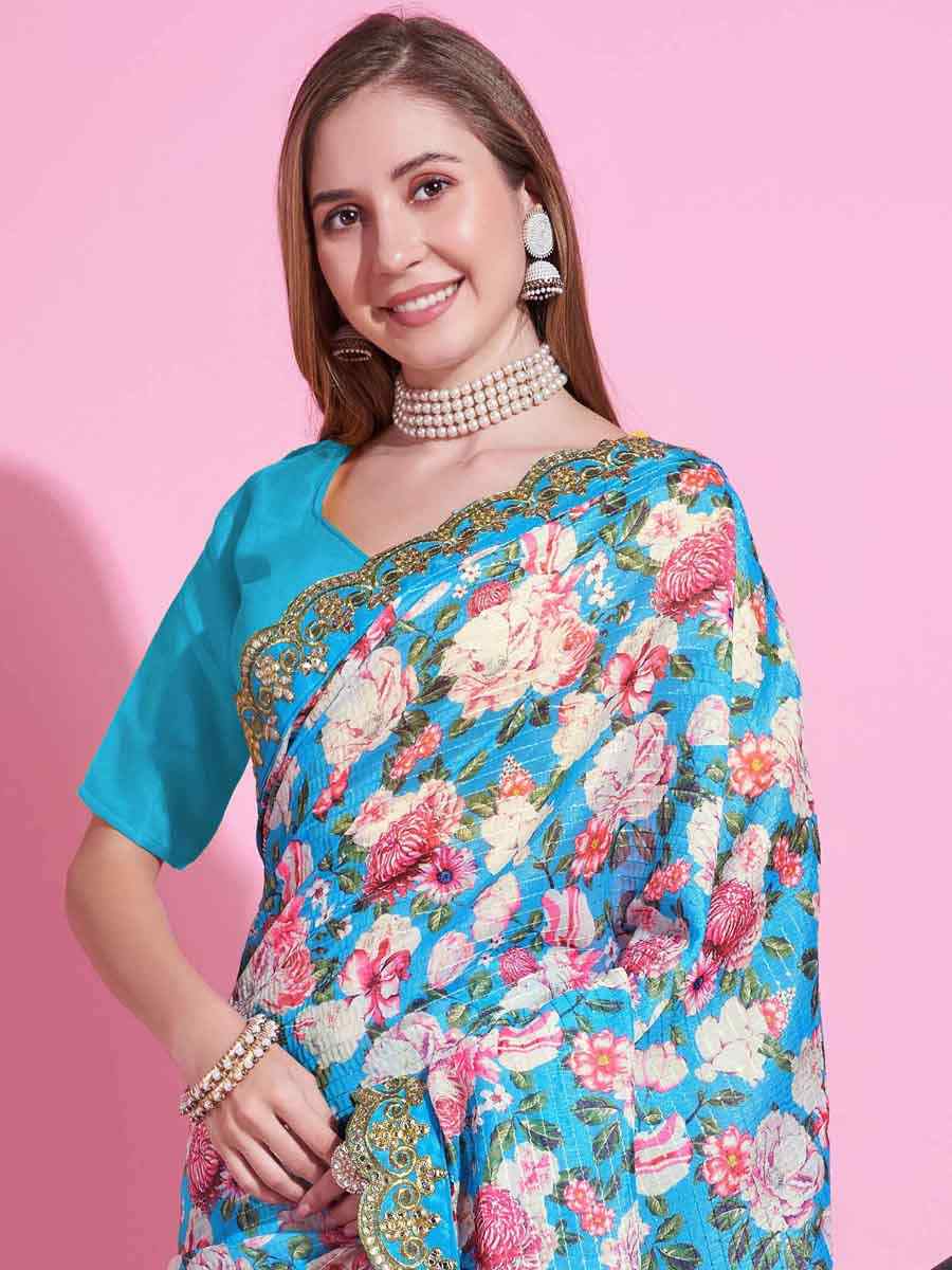 Sky Blue Vichitra Silk Printed Festival Casual Contemporary Saree