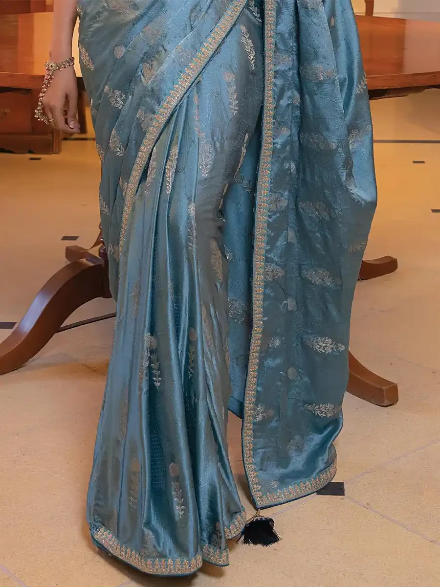 Sky Blue Viscose Satin Silk Embroidered Reception Party Heavy Border Saree