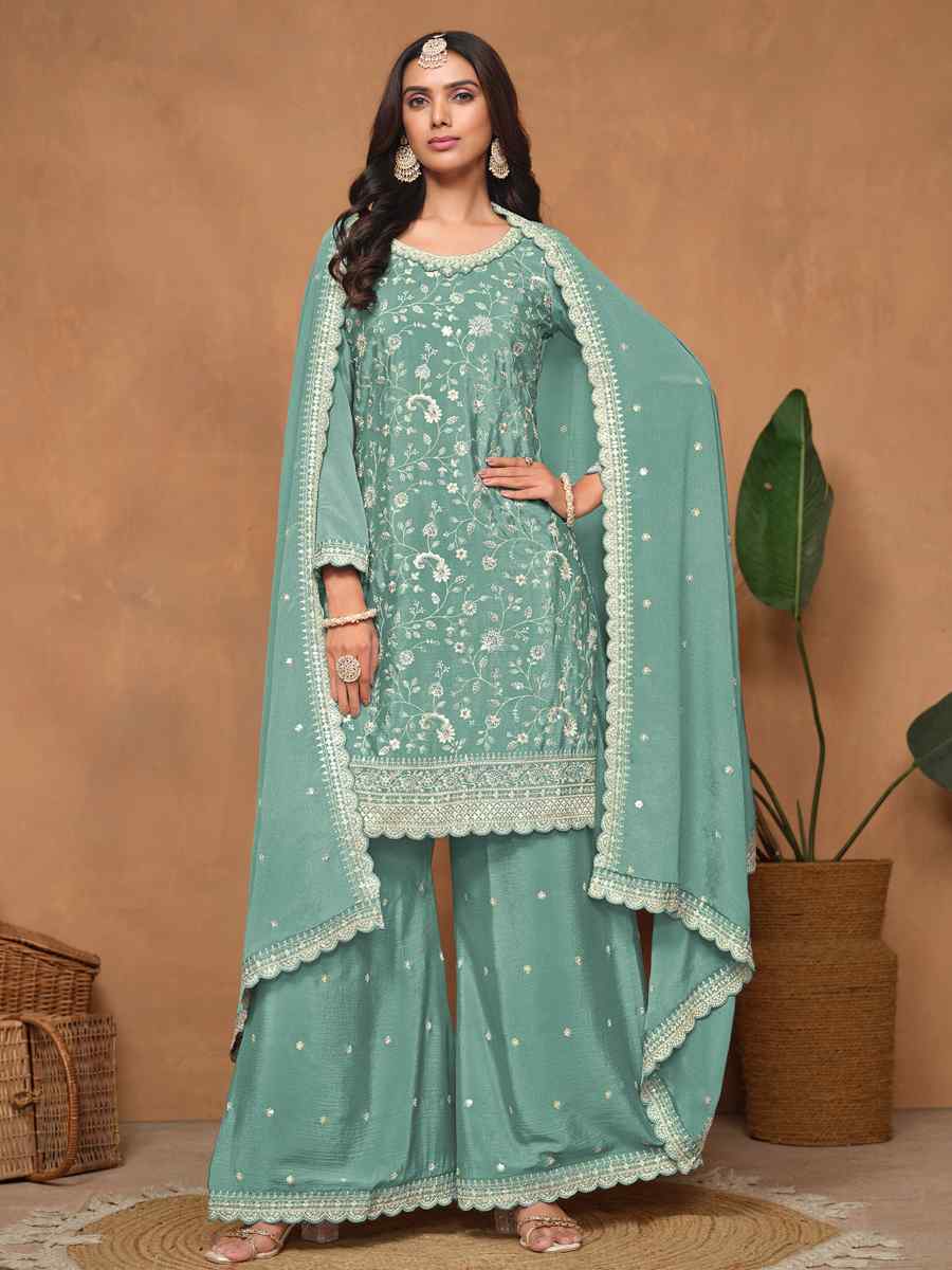 Sky Chinon Embroidered Festival Wedding Palazzo Pant Salwar Kameez