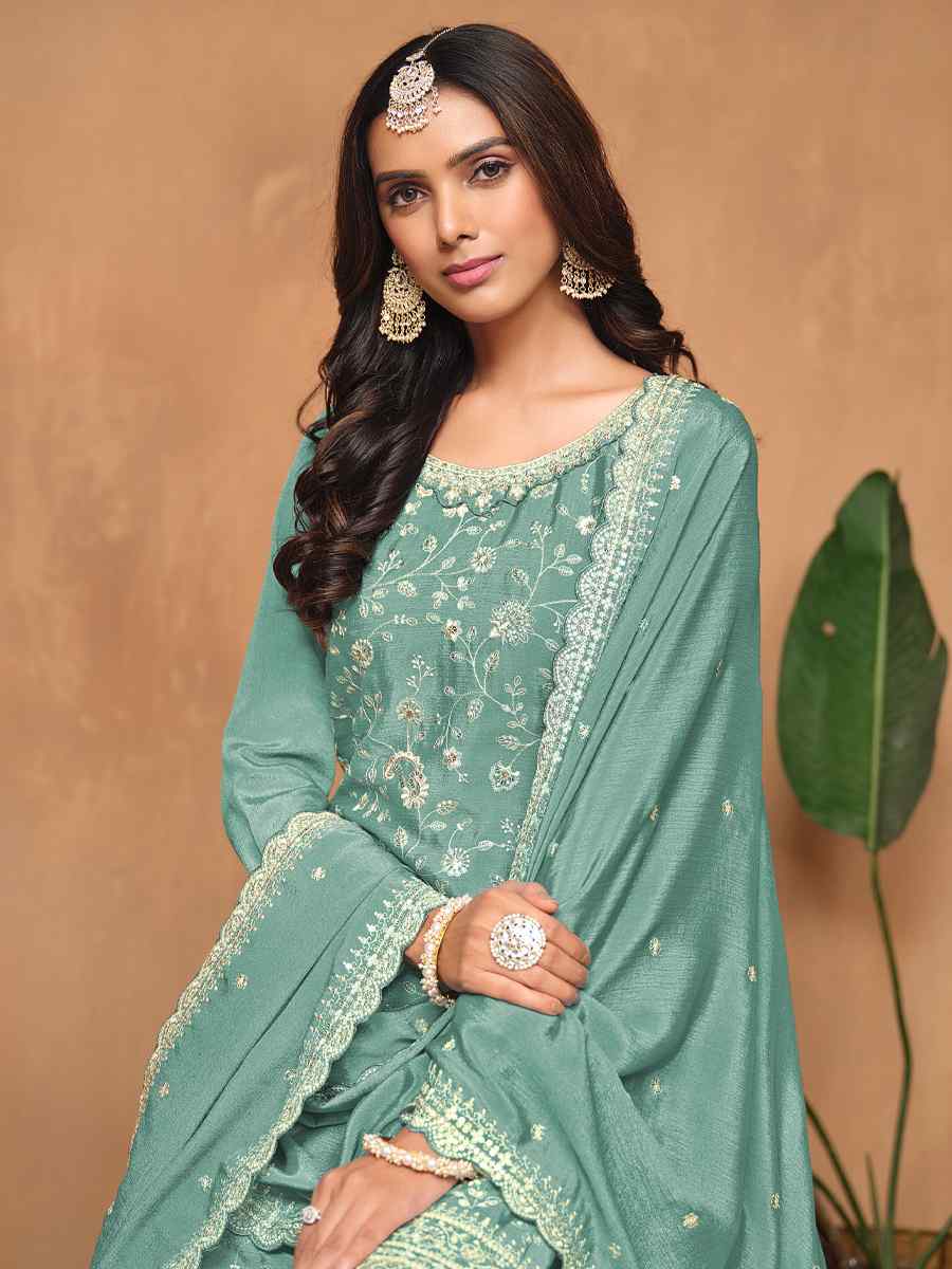 Sky Chinon Embroidered Festival Wedding Palazzo Pant Salwar Kameez