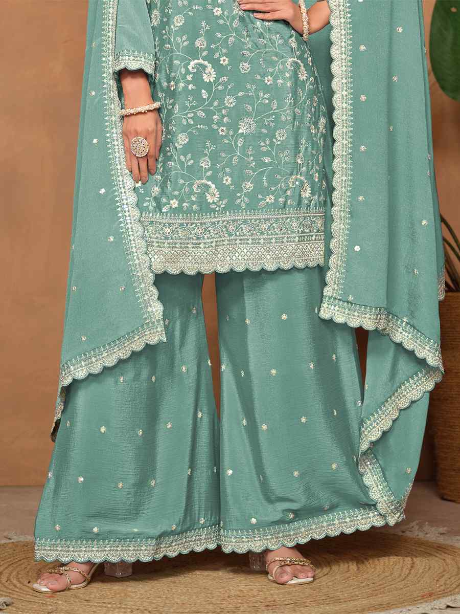 Sky Chinon Embroidered Festival Wedding Palazzo Pant Salwar Kameez