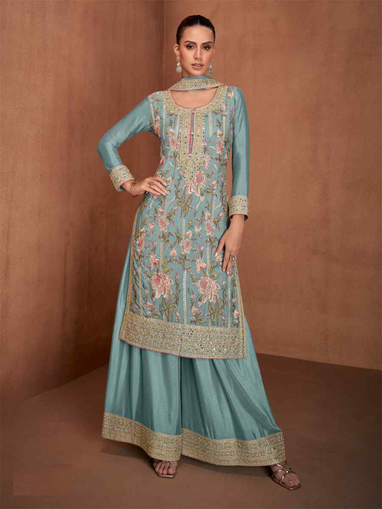 Sky Chinon Silk Embroidered Festival Wedding Ready Palazzo Pant Salwar Kameez