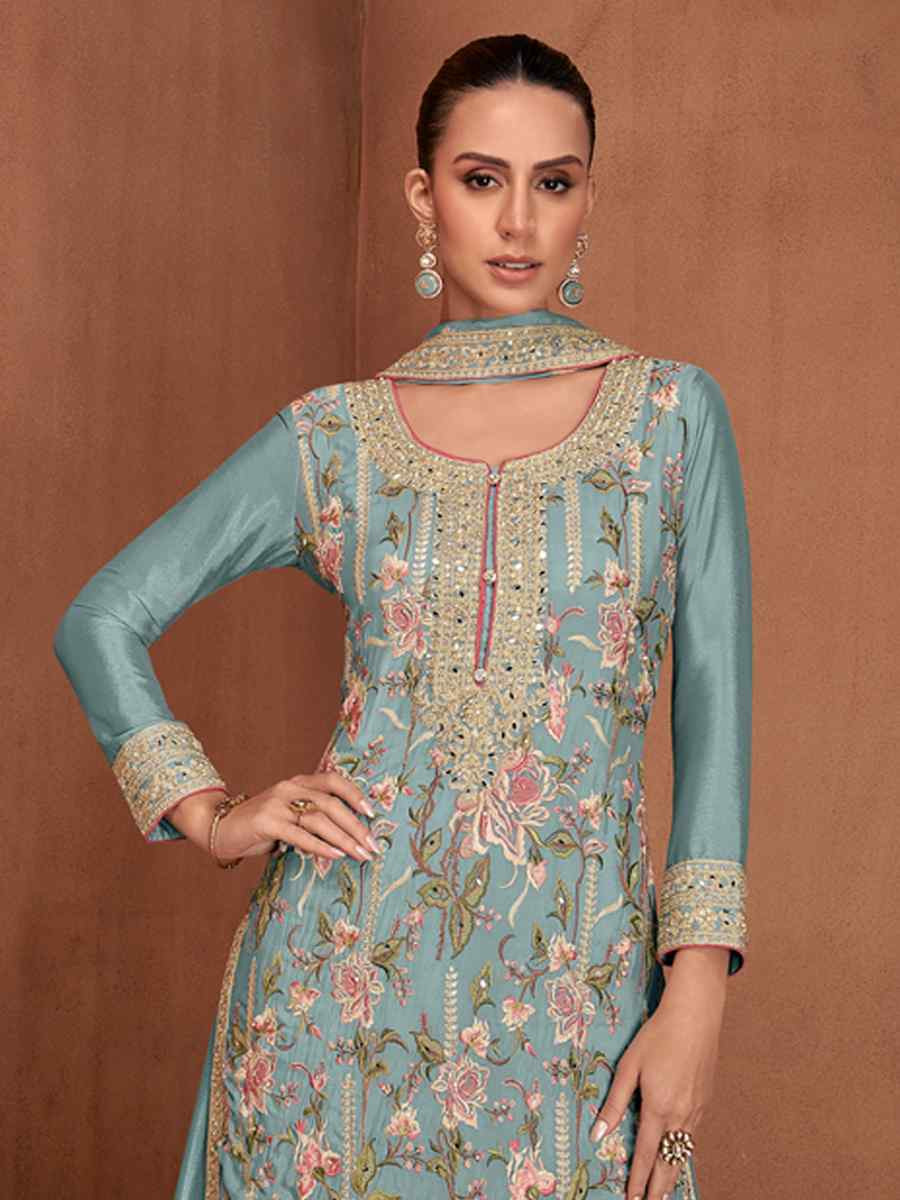 Sky Chinon Silk Embroidered Festival Wedding Ready Palazzo Pant Salwar Kameez