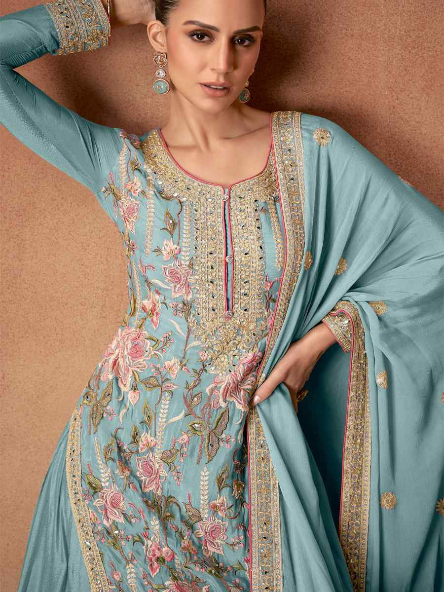 Sky Chinon Silk Embroidered Festival Wedding Ready Palazzo Pant Salwar Kameez