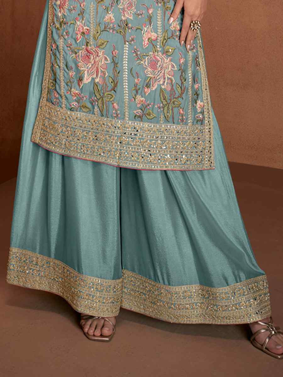 Sky Chinon Silk Embroidered Festival Wedding Ready Palazzo Pant Salwar Kameez