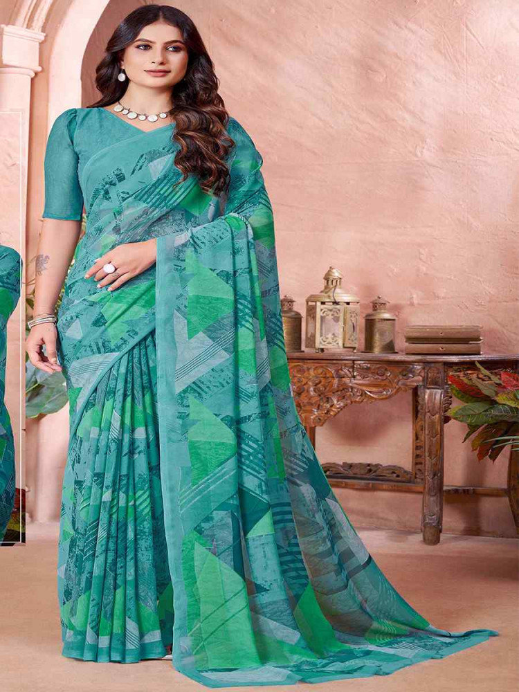 Sky Cotton Printed Festival Casual Contemporary Saree