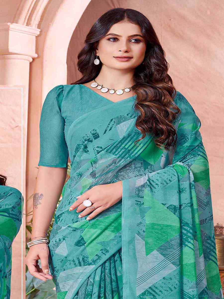 Sky Cotton Printed Festival Casual Contemporary Saree