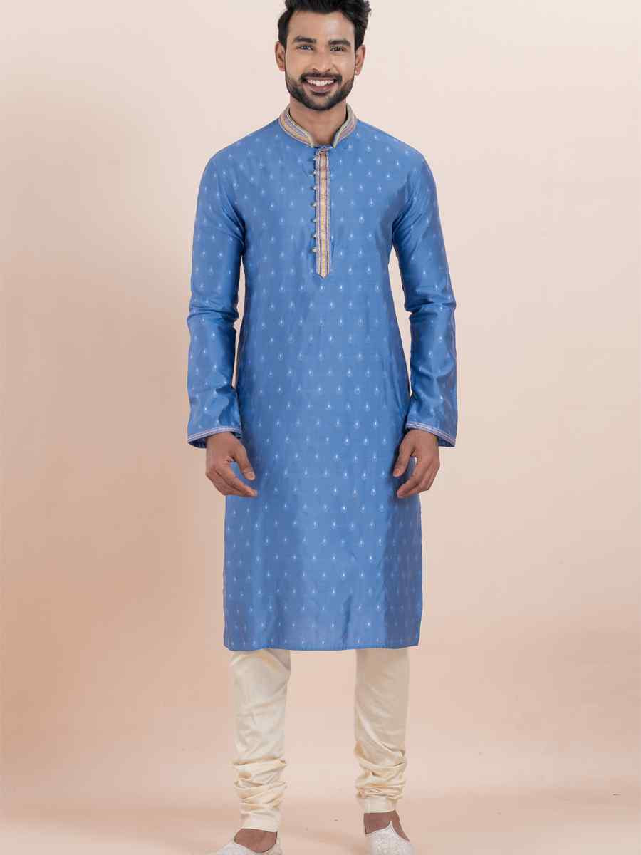 Sky Cotton Silk Jacquard Embroidered Festival Wedding Kurta Pyjama Men's Wear