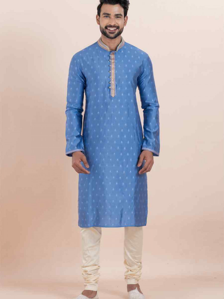 Sky Cotton Silk Jacquard Embroidered Festival Wedding Kurta Pyjama Men&#039;s Wear