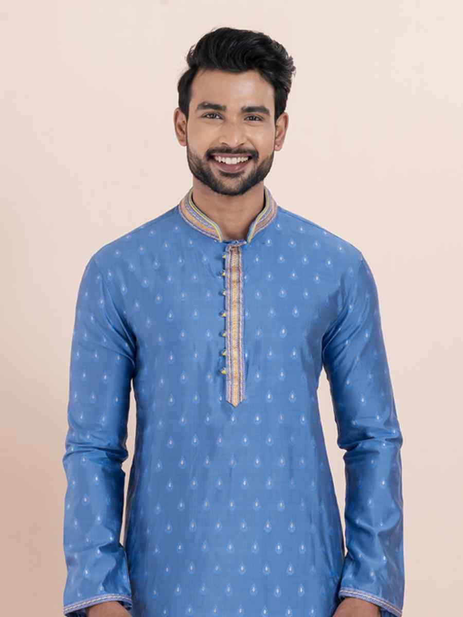 Sky Cotton Silk Jacquard Embroidered Festival Wedding Kurta Pyjama Men's Wear