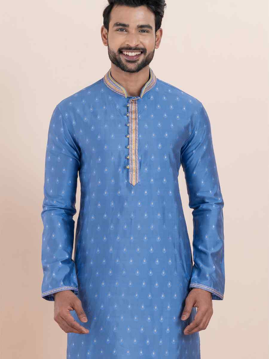 Sky Cotton Silk Jacquard Embroidered Festival Wedding Kurta Pyjama Men's Wear