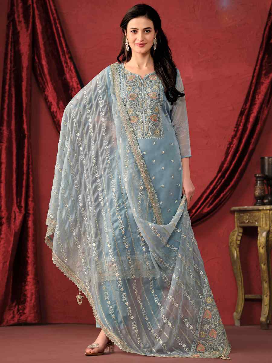 Sky Crystal Organza Embroidered Festival Wedding Pant Salwar Kameez