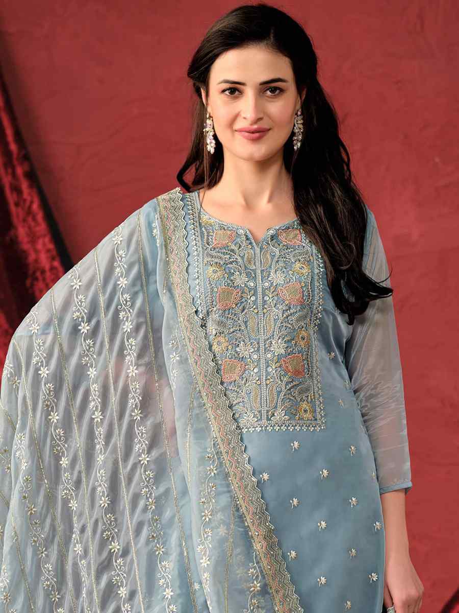 Sky Crystal Organza Embroidered Festival Wedding Pant Salwar Kameez