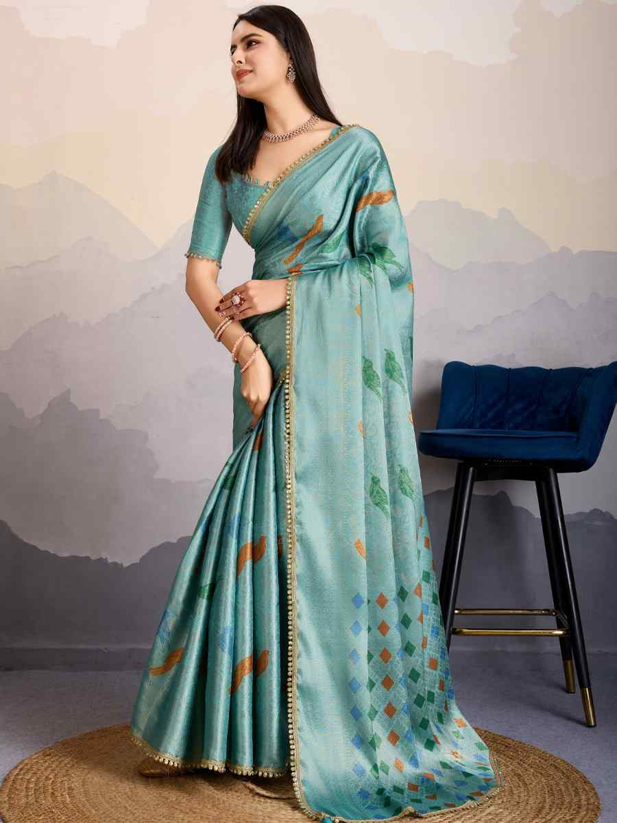 Sky Double Mysore Brocade Silk Handwoven Wedding Festival Heavy Border Saree